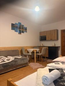 una stanza con due letti, un tavolo e delle sedie di Willa Grzesiczek a Zakopane