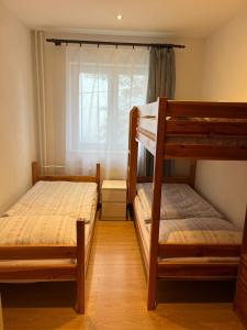 twee stapelbedden in een kamer met een raam bij Apartman 825 in Jáchymov