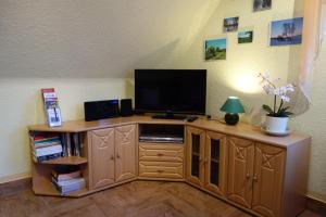 een entertainmentcentrum met een flatscreen-tv op de top bij Ferienwohnung Dorle in Benneckenstein