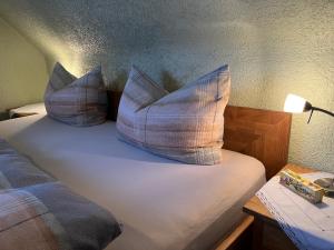 twee kussens bovenop een bed bij Ferienwohnung Dorle in Benneckenstein