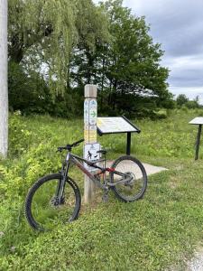 a bike parked next to a sign in the grass at 19th Hole Hideaway in Collingwood