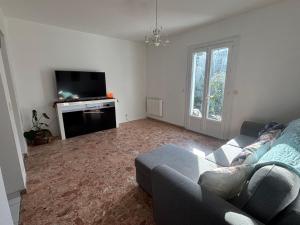 a living room with a couch and a flat screen tv at Maison Éléphantaisie in Salies-de-Béarn