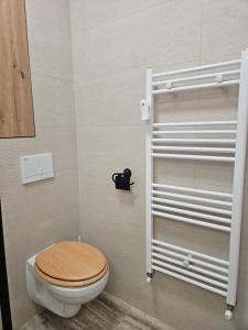 a bathroom with a toilet with a wooden toilet seat at Mountain View Amza Accomodation in Râşnov +24 photos