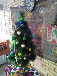 un albero di Natale verde in una stanza con una parete di Guest House AN With Free Out of City Tour a Bukhara