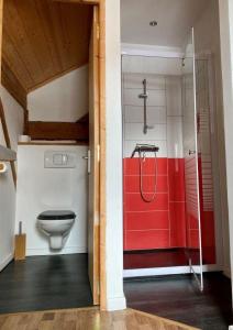 een badkamer met een douche en een toilet. bij L'Escapade gîte proche des Cascades du Hérisson in La Celle-sous-Gouzon