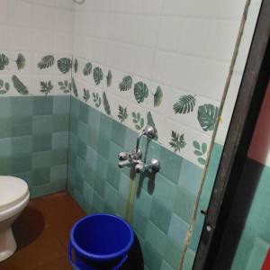 a bathroom with a toilet and a blue and green tiles at ASA Homestay in Mādangeri +7 photos