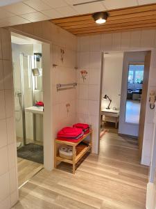 a bathroom with a red bed in a room at Ferienwohnung An der Pferdsweide in Trier