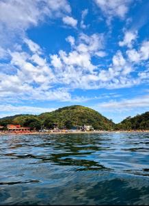 une petite île au milieu d'une masse d'eau dans l'établissement Casa Lopes temporada Ubatuba, à Ubatuba