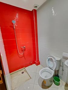 een badkamer met een toilet en een rode muur bij Golden Home Tamraght in Tamraght Ouzdar +4 foto's