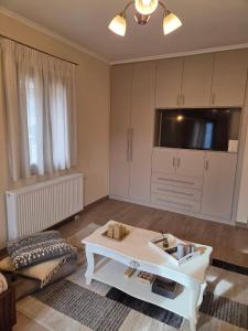 a living room with a coffee table and a tv at Metsovo Fireplace Retreat 2 in Metsovo