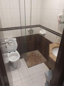 une salle de bain avec toilettes et cabine de douche dans l'établissement فندق الرسالةالذهبي شارع ام القري, à Aş Şafā