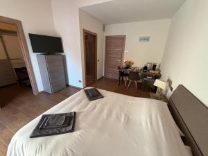 a bedroom with a bed with a television and a table at Ca' Piramidi Casa Vacanze in Postalesio