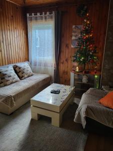 a living room with a christmas tree and a couch at Old Town House! in Žabljak