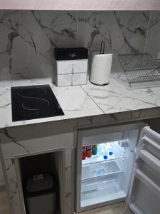 een keuken met een aanrecht en een koelkast bij Lena Apartmani 5 in Odžaci