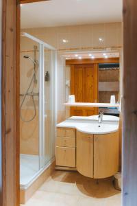 un baño con lavabo y ducha en Hostel Quartier Libre, en Saint-Jean-en-Royans