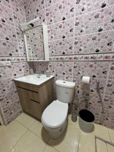 a bathroom with a toilet and a sink and a mirror at Ideal Tetuan in Tétouan +7 photos