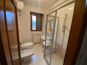 een badkamer met een toilet, een wastafel en een douche bij Lo Sdrucciolo in Laterina