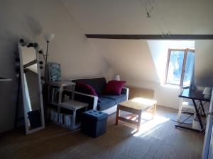 ein Wohnzimmer mit Sofa und Tisch in der Unterkunft Chambre spacieuse proche du centre ville in Villefranche-de-Rouergue