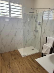 a bathroom with a shower with a glass door at Le NIL in Sainte-Anne