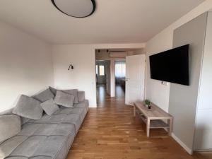 a living room with a couch and a flat screen tv at Apartamentai Akvilė in Šilutė