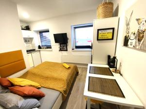 een kleine kamer met een bed en een bureau bij Lemuria Studio Łokietka in Legnica