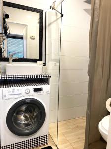 een badkamer met een wasmachine en een spiegel bij Lemuria Studio Łokietka in Legnica +2 foto's