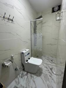 a white bathroom with a toilet and a shower at Nadina Bedouin home in Petra +45 photos