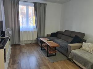 ein Wohnzimmer mit Sofa und Tisch in der Unterkunft Apartament z widokiem Tarnowskie Góry in Tarnowitz