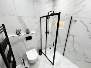 een witte badkamer met douche en toilet bij Louisville Flat 3 in Newmarket +7 foto's