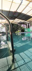 ein Schwimmbecken mit einem Stuhl unter einem Dach in der Unterkunft Chavan White House Farm and Stay in Badlapur