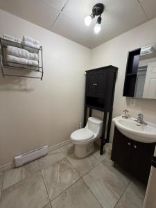 a bathroom with a toilet and a sink and a mirror at Apartment #2 avec chambre Baie Comeau in Baie-Comeau