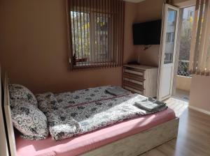 a bedroom with a bed and a tv and a window at Етаж от къща - Нощувки Ками in Pleven