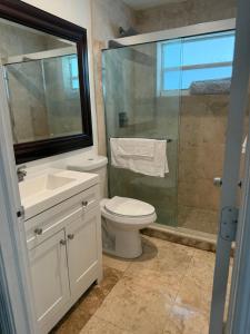 een badkamer met toilet en glazen douche bij El Shaddai Faithfully Beach in Hollywood +13 foto's