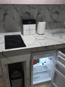 - une cuisine avec un comptoir et un réfrigérateur dans l'établissement Apartman LENA, à Odžaci