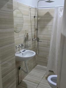 une salle de bains avec lavabo, douche et toilettes dans l'établissement Apartman LENA, à Odžaci