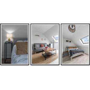 4 Bilder von einem Schlafzimmer und einem Wohnzimmer in der Unterkunft Le Cedre - Appartement cosy dans le centre de Vichy in Vichy