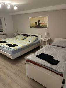 een slaapkamer met twee bedden en een schilderij aan de muur bij FeWo Xenia in Freudenburg