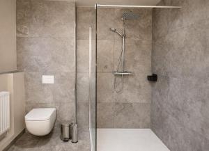 a bathroom with a glass shower with a toilet at Bergflamme - Ihr Ferienhaus im Harz mit Panoramasauna in Braunlage +23 photos
