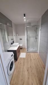 ein Badezimmer mit Dusche und Waschmaschine in der Unterkunft Sadyba Apartament in Nowy Sącz