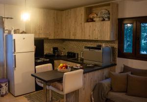 a kitchen with a table and a white refrigerator at Elpida's Retreat, Pelion in Tsagarada