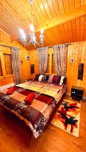 een slaapkamer met een groot bed in een houten kamer bij Eden Natural Resort - Transalpina in Căpîlna