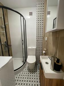 een badkamer met een douche, een toilet en een wastafel bij Zacisze Ludowa in Olecko +1 foto