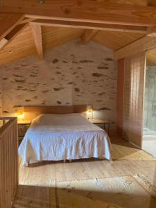 een slaapkamer met een bed en een stenen muur bij Gîte Le COCON au Clarou in Valleraugue +30 foto's