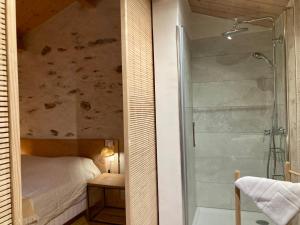 a bathroom with a glass shower and a bed at Gîte Le COCON au Clarou in Valleraugue +29 photos