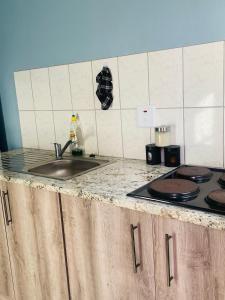 a kitchen counter with a sink and a stove at RT Guest House in Walvis Bay