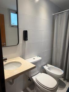 une salle de bains avec toilettes, lavabo et miroir dans l'établissement Departamento Estudio Deluxe, à La Plata 35 autres photos