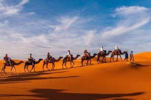een groep mensen die paardrijden in de woestijn bij Merzouga Infinity Dunes Camp in Merzouga