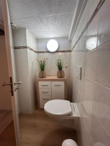 ein Badezimmer mit WC und zwei Topfpflanzen in der Unterkunft Schwarzwaldhus Tannenblick in Todtmoos