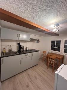 eine Küche mit einem Waschbecken und einem Tisch in der Unterkunft Schwarzwaldhus Tannenblick in Todtmoos