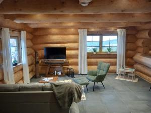 a living room with a couch and a television at Ferienhaus Waldruhe in Hellenthal